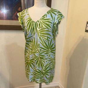 Sigrid Olsen 100% Linen Green/Blue Leaf Print Tunic/Dress Size Large